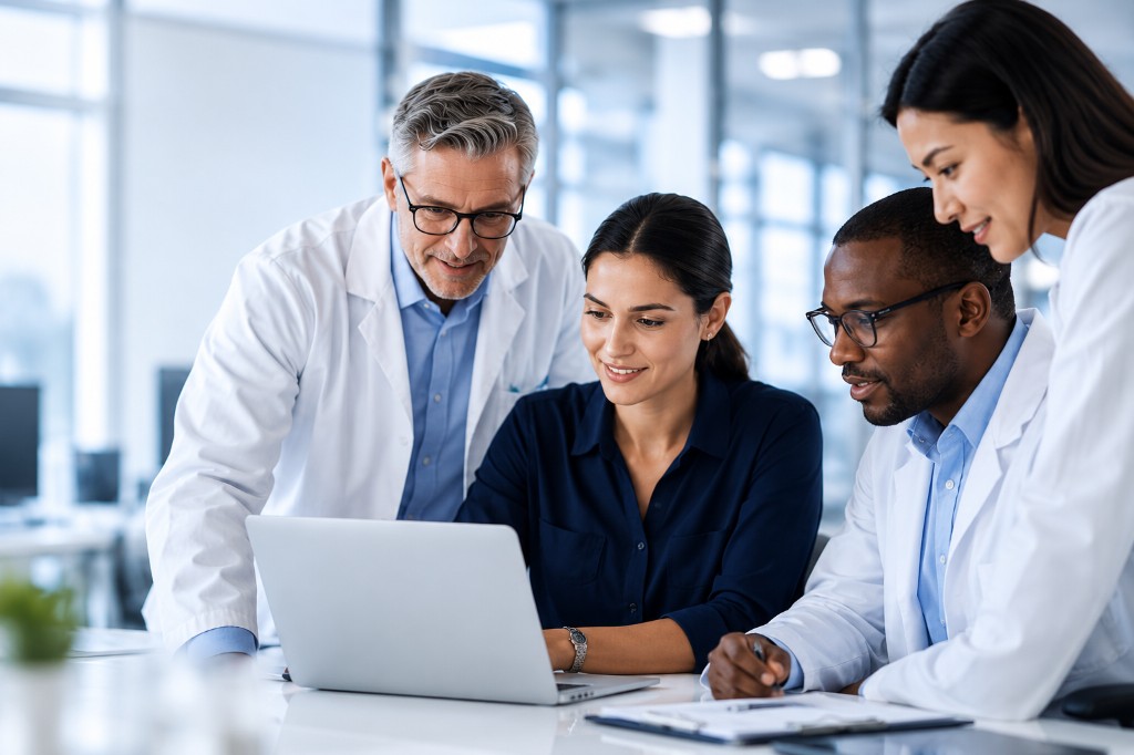Clinical research team reviewing study data together